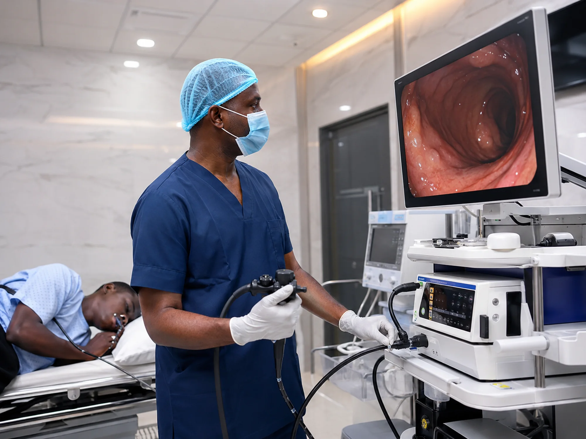 Nigerian endoscopy specialist preparing advanced equipment